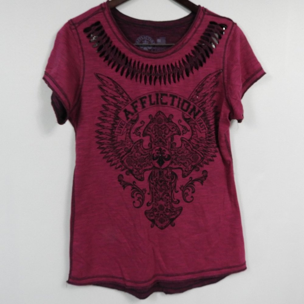 A10 Affliction Congregation T-Shirt Color Desert Rose Black Embellishments